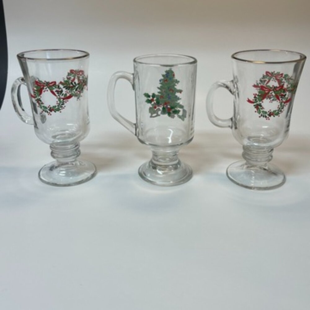 3 Glass Irish Coffee Mugs - 2 Vintage Libbey Holly Wreath & Gold Rim, 1 Vintage